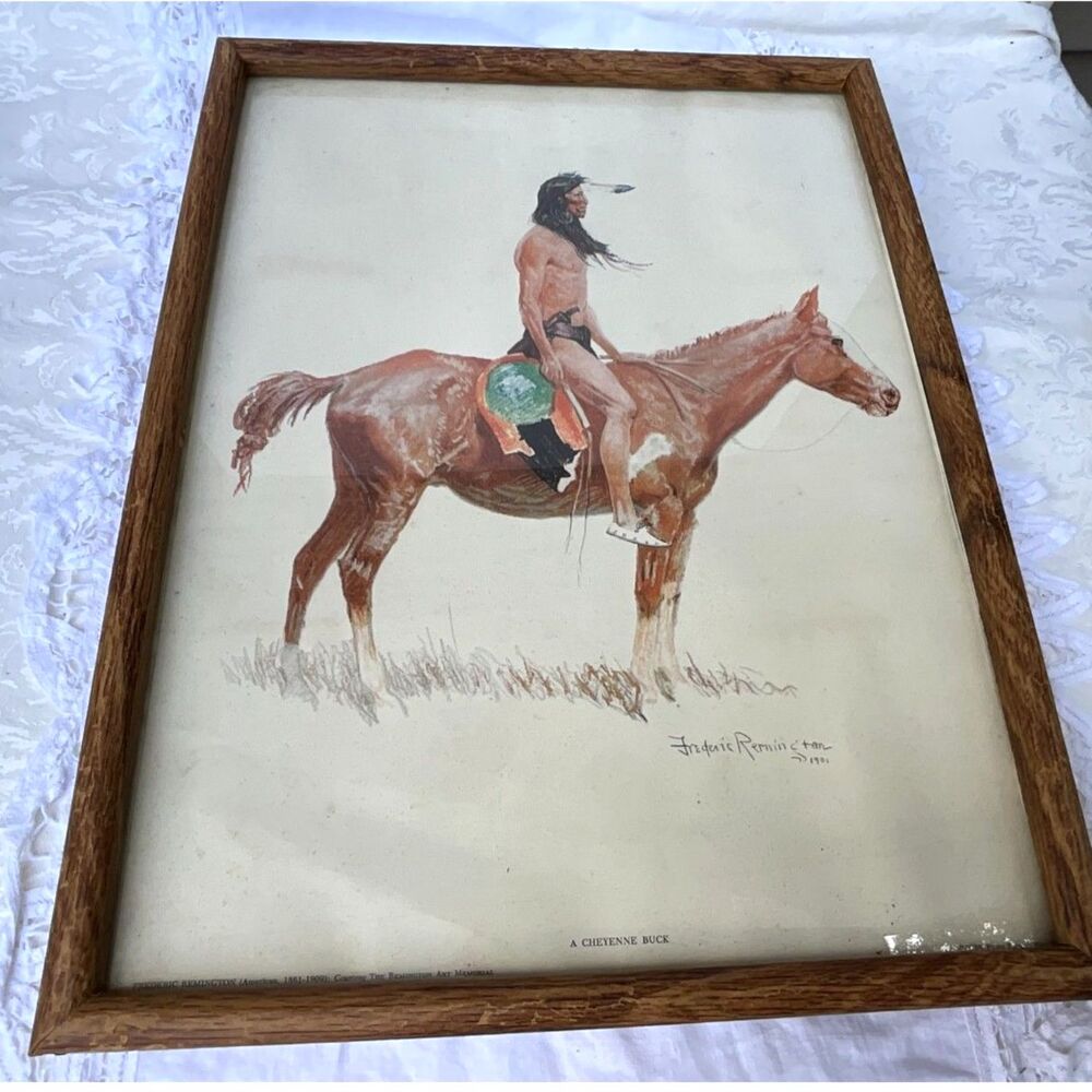 Vintage Frederic Remington lithograph A Cheyenne Buck Framed under glass 1 of 6